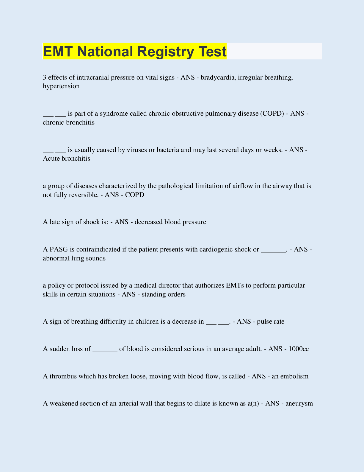 Preview of EMT National Registry Test | 100 Questions with 100% Correct Answers | Updated & Verified